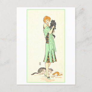  art deco vrouw met drie katten briefkaart
