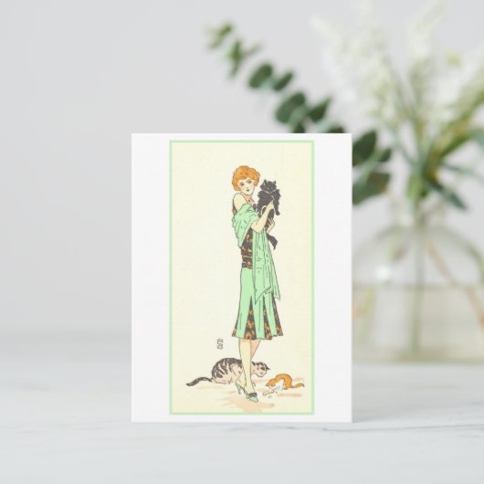  art deco vrouw met drie katten briefkaart (Staand voorkant)
