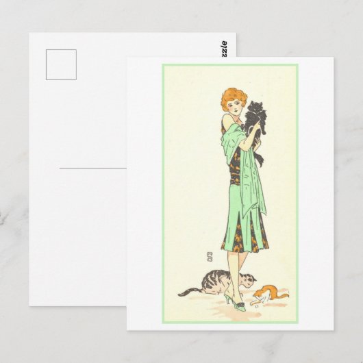  art deco vrouw met drie katten briefkaart (Voorkant / Achterkant)