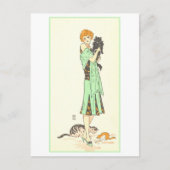  art deco vrouw met drie katten briefkaart (Voorkant)