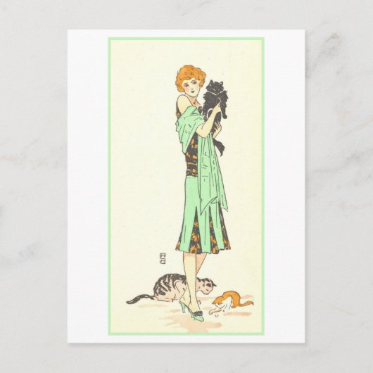  art deco vrouw met drie katten briefkaart (Voorkant)