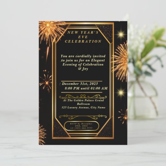 Art Deco Vuurwerk Uitnodiging Nieuwjaar (Staand voorkant)
