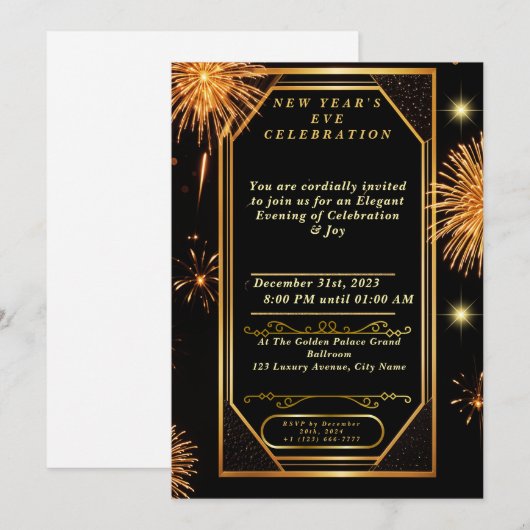 Art Deco Vuurwerk Uitnodiging Nieuwjaar (Voorkant / Achterkant)