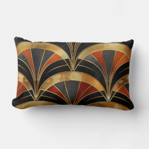 Art Deco-waaiermotief zwart, goud en dieprood Kussen