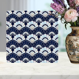 Art Deco Waaierspatroon Navy Blauwe Parel Zilver Tegeltje