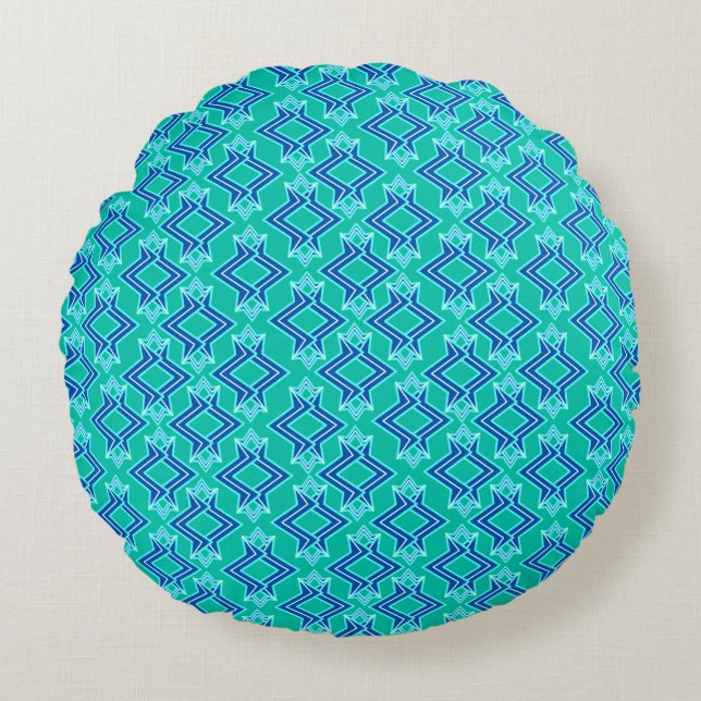 Art Deco Wallpaper Pattern, Turquoise en Cobalt Rond Kussen (Voorkant)