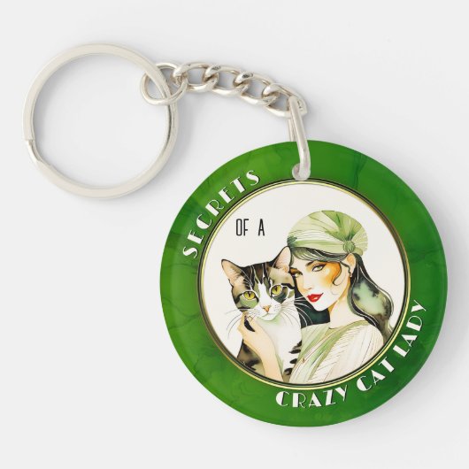 Art Deco Waterverf Crazy Cat Lady Sleutelhanger (Voorkant)