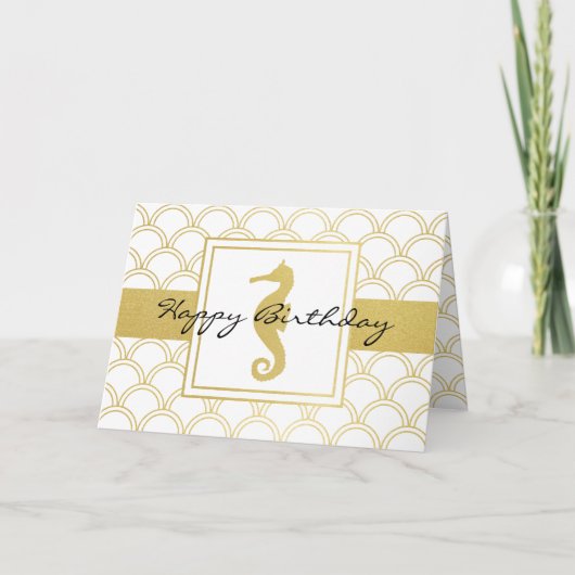Art Deco Wave Gold Glitter Seahorse Birthday Kaart (Voorkant)