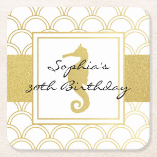 Art Deco Wave Gold Glitter Seahorse Birthday Kartonnen Onderzetters