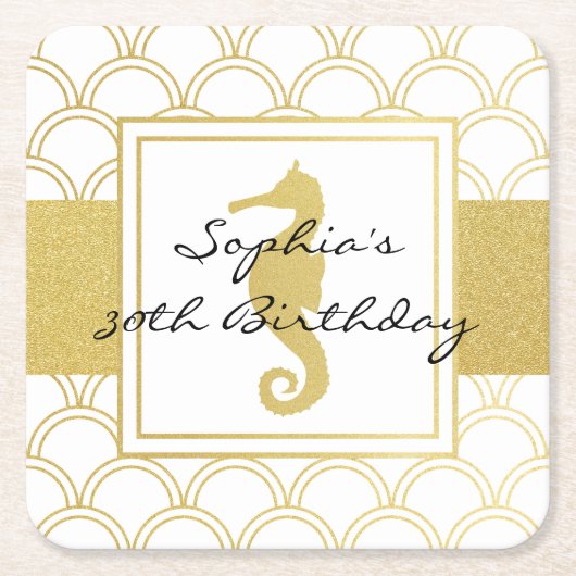 Art Deco Wave Gold Glitter Seahorse Birthday Kartonnen Onderzetters (Voorkant)