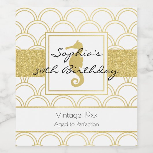 Art Deco Wave Gold Glitter Seahorse Birthday Wijn Etiket (Enkel label)