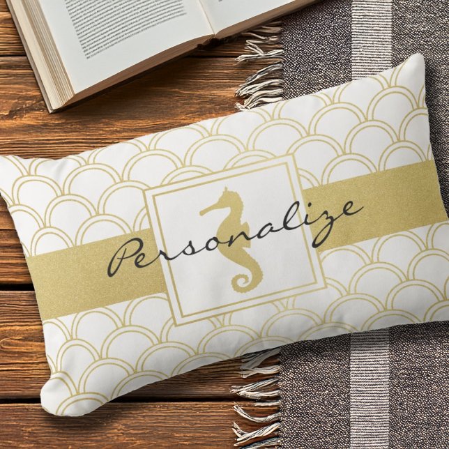 Art Deco Wave Gold Glitter Seahorse Buitenkussen (Creator heeft geüpload)
