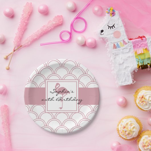 Art Deco Wave Patten Pink Flamingo Birthday Papieren Bordje (Feest)