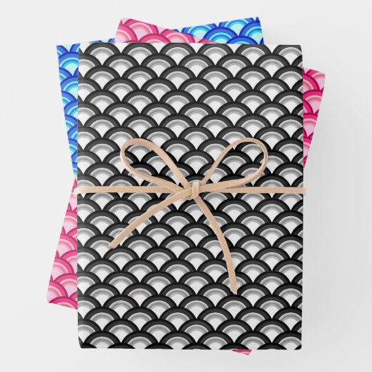 Art Deco Wave Pattern, zwart/wit, roze, blauw Inpakpapier Vel (In situ)