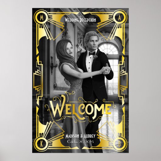 Art Deco Weddenschappen Receptie Welkom Gold en zw Poster (Voorkant)