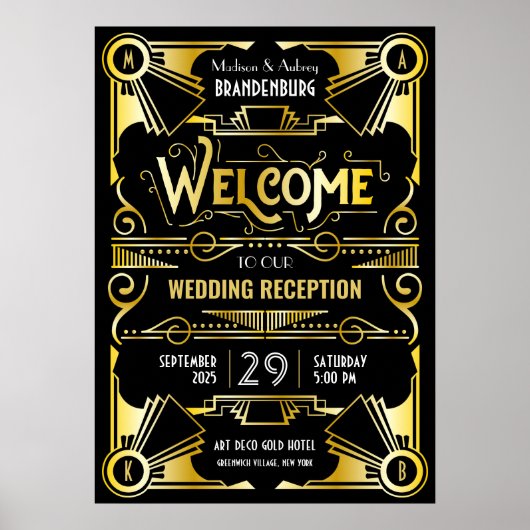 Art Deco Weddenschappen Receptie Welkom Gold en zw Poster (Voorkant)