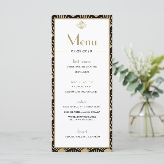 Art Deco Wedding Black Gold Twenties  Menu (Staand voorkant)