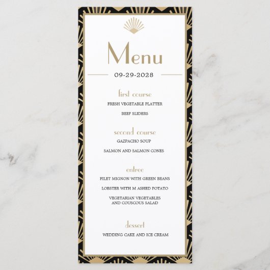 Art Deco Wedding Black Gold Twenties  Menu (Voorkant)