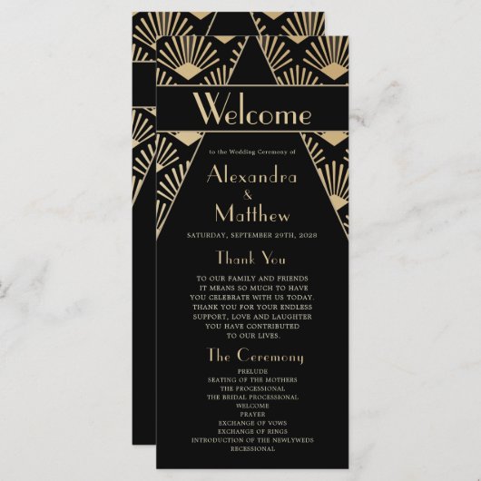 Art Deco Wedding Black Gold Twenties  Programmakaart (Voorkant / Achterkant)