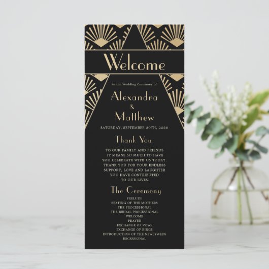 Art Deco Wedding Black Gold Twenties  Programmakaart (Staand voorkant)