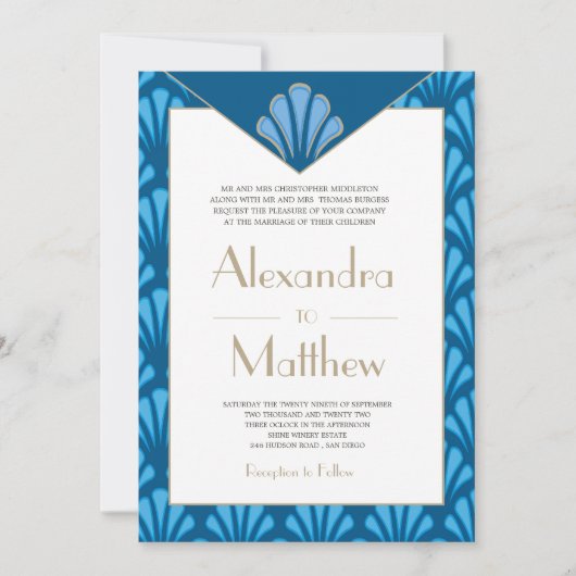 Art Deco Wedding Blue Roaring Twenties  Kaart (Voorkant)