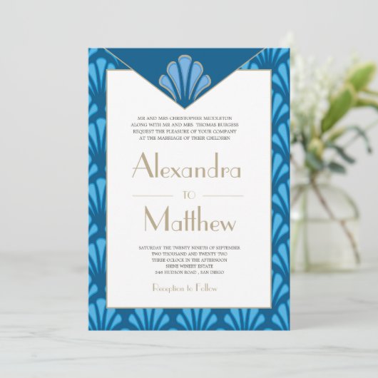 Art Deco Wedding Blue Roaring Twenties  Kaart (Staand voorkant)