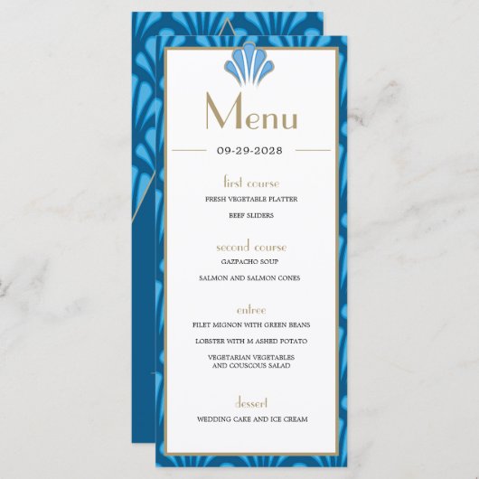 Art Deco Wedding Blue Roaring Twenties Menu (Voorkant / Achterkant)