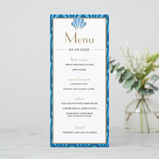 Art Deco Wedding Blue Roaring Twenties  Menu (Staand voorkant)