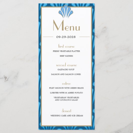 Art Deco Wedding Blue Roaring Twenties  Menu (Voorkant)