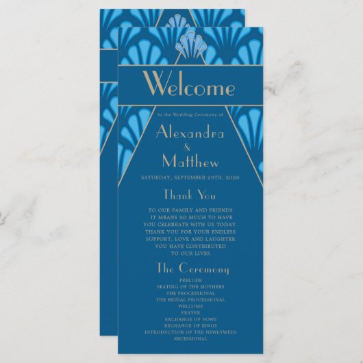 Art Deco Wedding Blue Roaring Twenties Programmakaart (Voorkant / Achterkant)