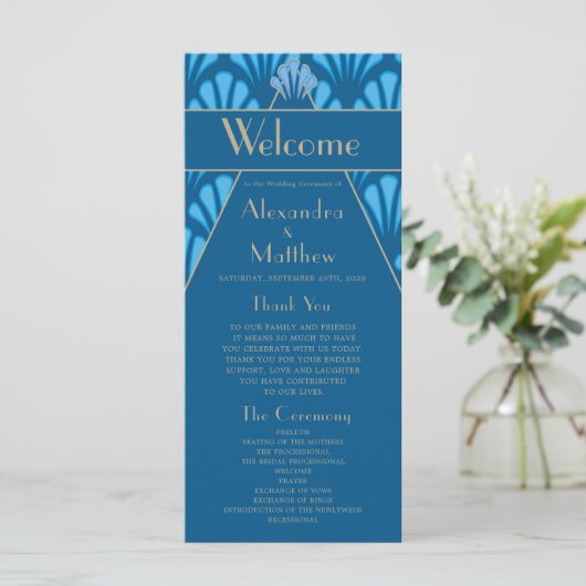 Art Deco Wedding Blue Roaring Twenties Programmakaart (Staand voorkant)