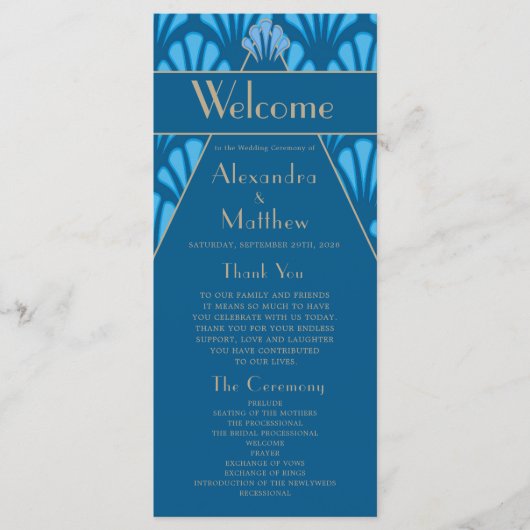 Art Deco Wedding Blue Roaring Twenties Programmakaart (Voorkant)