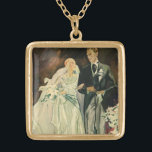 Art Deco Wedding Bride en Groom Passen getrouwd Goud Vergulden Ketting<br><div class="desc">illustratie liefde en romance kunst deco afbeelding met een bruid en groom die door het gangpad lopen na de huwelijksceremonie. Het man draagt een tuxedo en de vrouw draagt een witte trouwjurk en draagt een bouquet van hoofdbloemen. Het gelukkige pasgetrouwde stel begint hun huwelijk.</div>