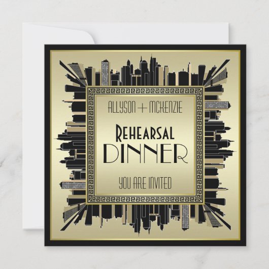 Art Deco Wedding Champagne Gold Rehearsal Dinner Kaart (Voorkant)