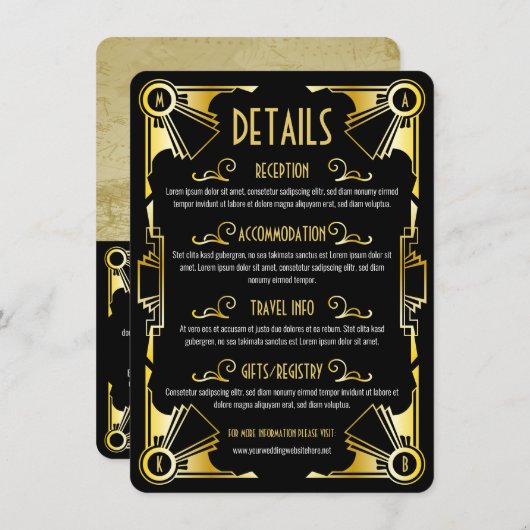 Art Deco Wedding Details Routering Gold Black Informatiekaartje (Voorkant / Achterkant)