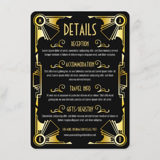 Art Deco Wedding Details Routering Gold Black Informatiekaartje (Voorkant)