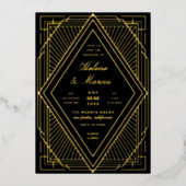 Art Deco Wedding Diamond Black en Gold Folie Uitnodiging (Voorkant)