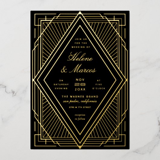 Art Deco Wedding Diamond Black en Gold Folie Uitnodiging (Voorkant)