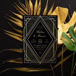 Art Deco Wedding Diamond Black en Gold Folie Uitnodiging