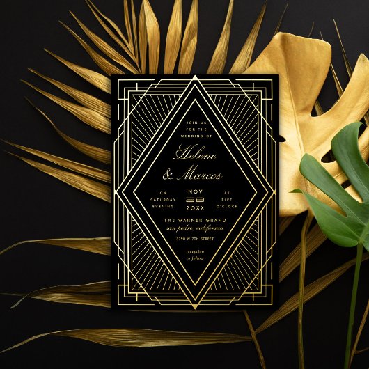 Art Deco Wedding Diamond Black en Gold Folie Uitnodiging