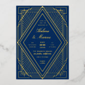 Art Deco Wedding Diamond Navy and Gold Folie Uitnodiging (Voorkant)