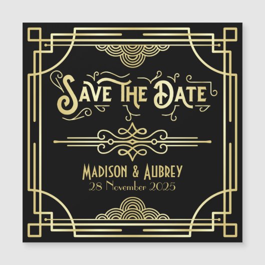 Art Deco Wedding Elegant Gold Black Save the Date (Voorkant)