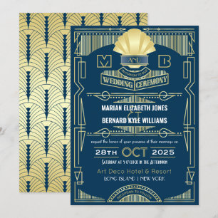 Art Deco Wedding Elegant Gold Blue Great Gatsby Kaart