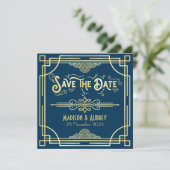 Art Deco Wedding Elegant Gold Blue Great Gatsby Save The Date (Staand voorkant)