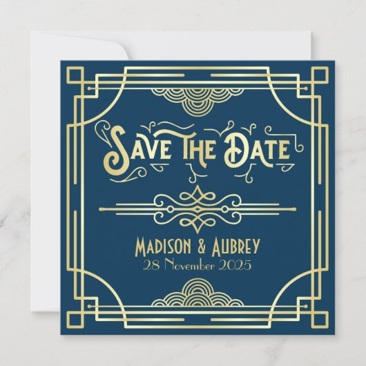 Art Deco Wedding Elegant Gold Blue Great Gatsby Save The Date (Voorkant)