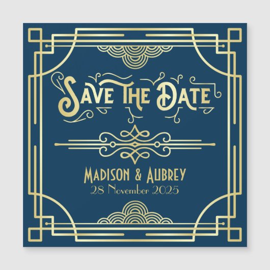Art Deco Wedding Elegant Gold Blue Save the Date (Voorkant)