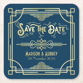 Art Deco Wedding Elegant Gold Blue Save the Date Kartonnen Onderzetters