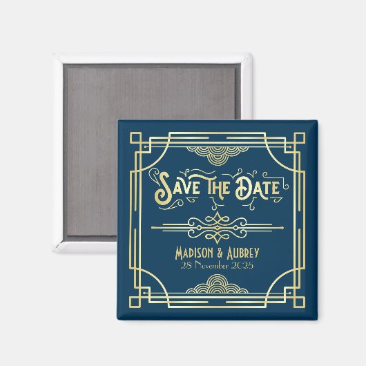 Art Deco Wedding Elegant Gold Blue Save the Date Magneet (Voorkant / Achterkant)