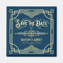 Art Deco Wedding Elegant Gold Blue Save the Date Magneet