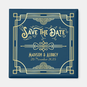 Art Deco Wedding Elegant Gold Blue Save the Date Magneet